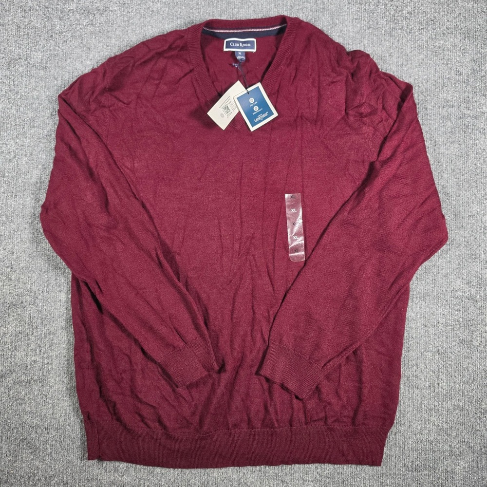 Club Room Mens XL Burgundy Merino Wool Blend V-Neck Performance Sweater